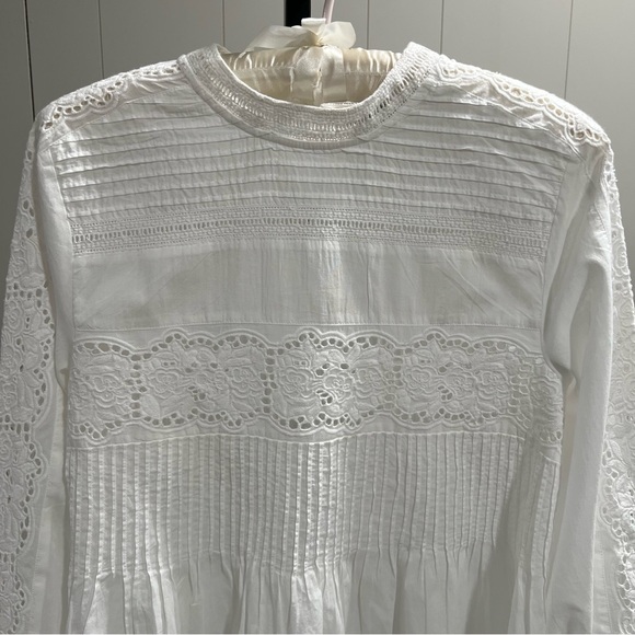 All Saints Elaia Bright White Eyelet Embroidered Semi Sheer Pleated Cotton Top 4 - Picture 2 of 5